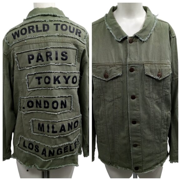 Jaded Gypsy Around the World Jacket Size S/M Army Green World Tour Raw Hem Paris - Picture 1 of 13